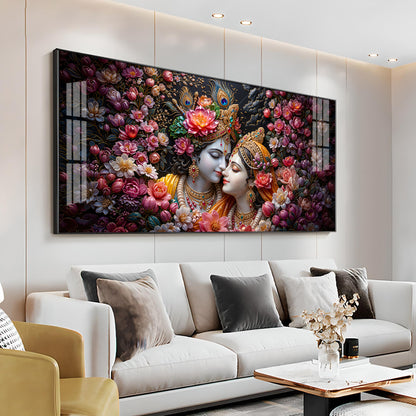 Floral Radha Krishna With Beautiful Background Premium Acrylic Horizontal Wall Art