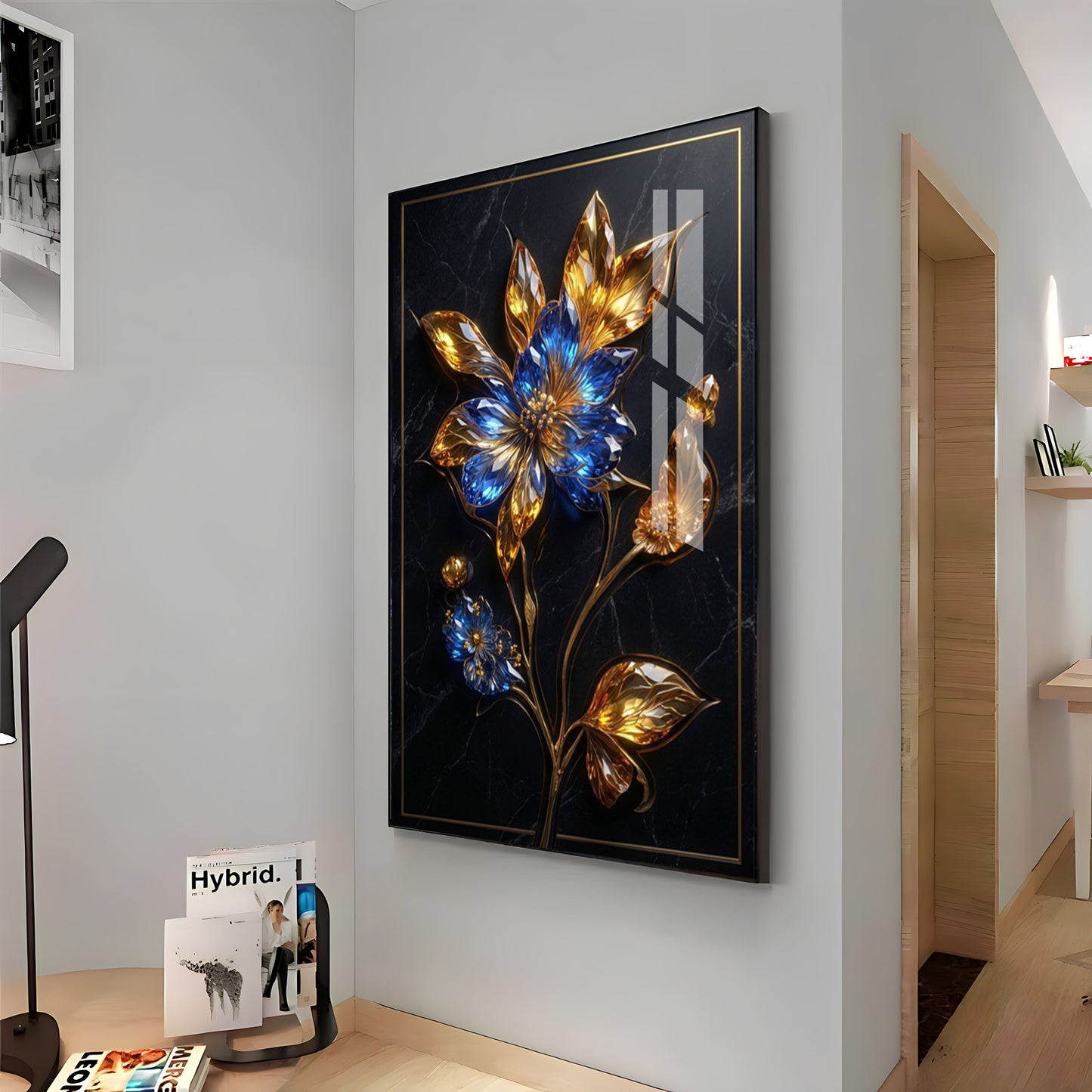 Blue & Gold Flower Premium Acrylic Vertical Wall Art