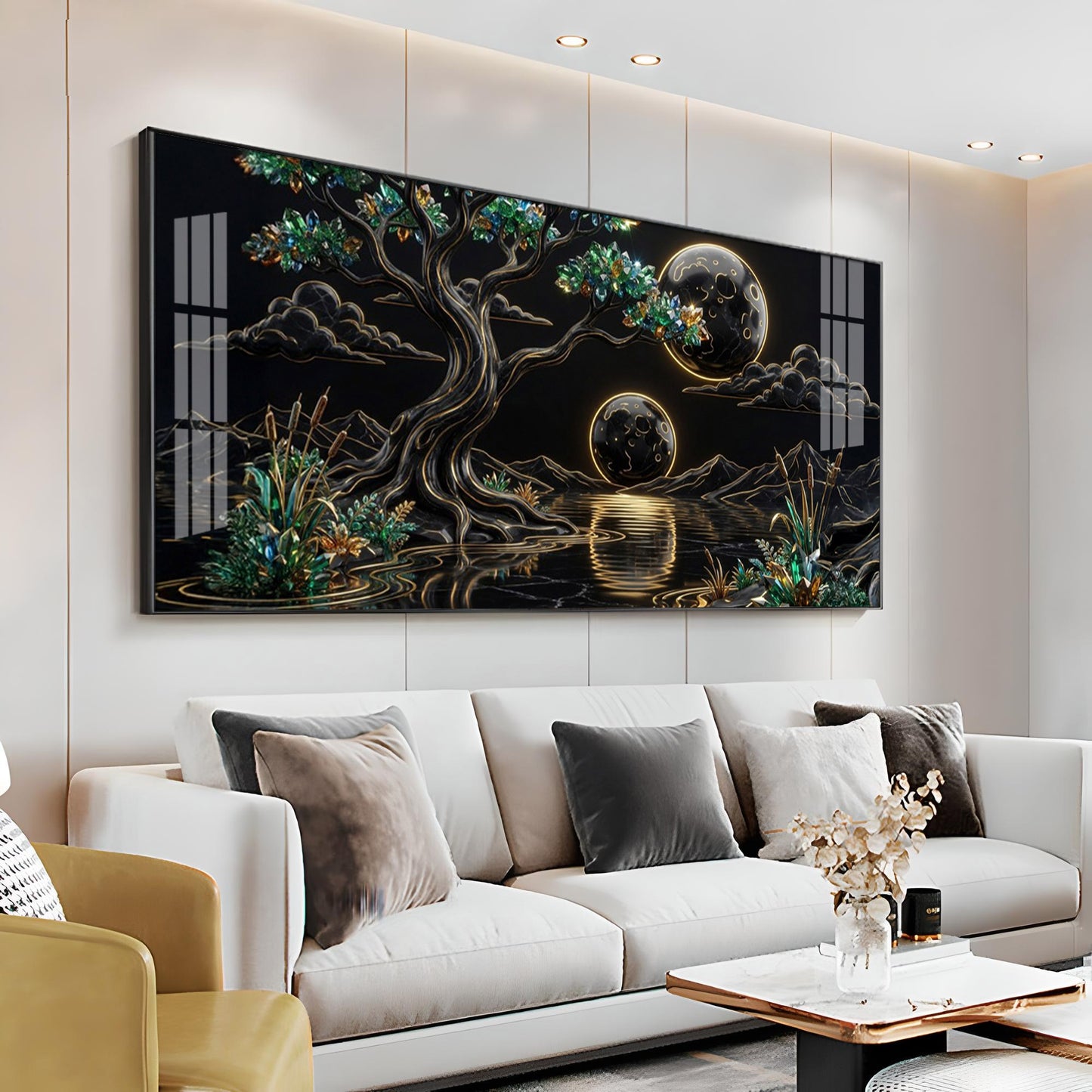 Tree & Sacred Mountains With Black & Gold Premium Acrylic Horizontal Wall Art