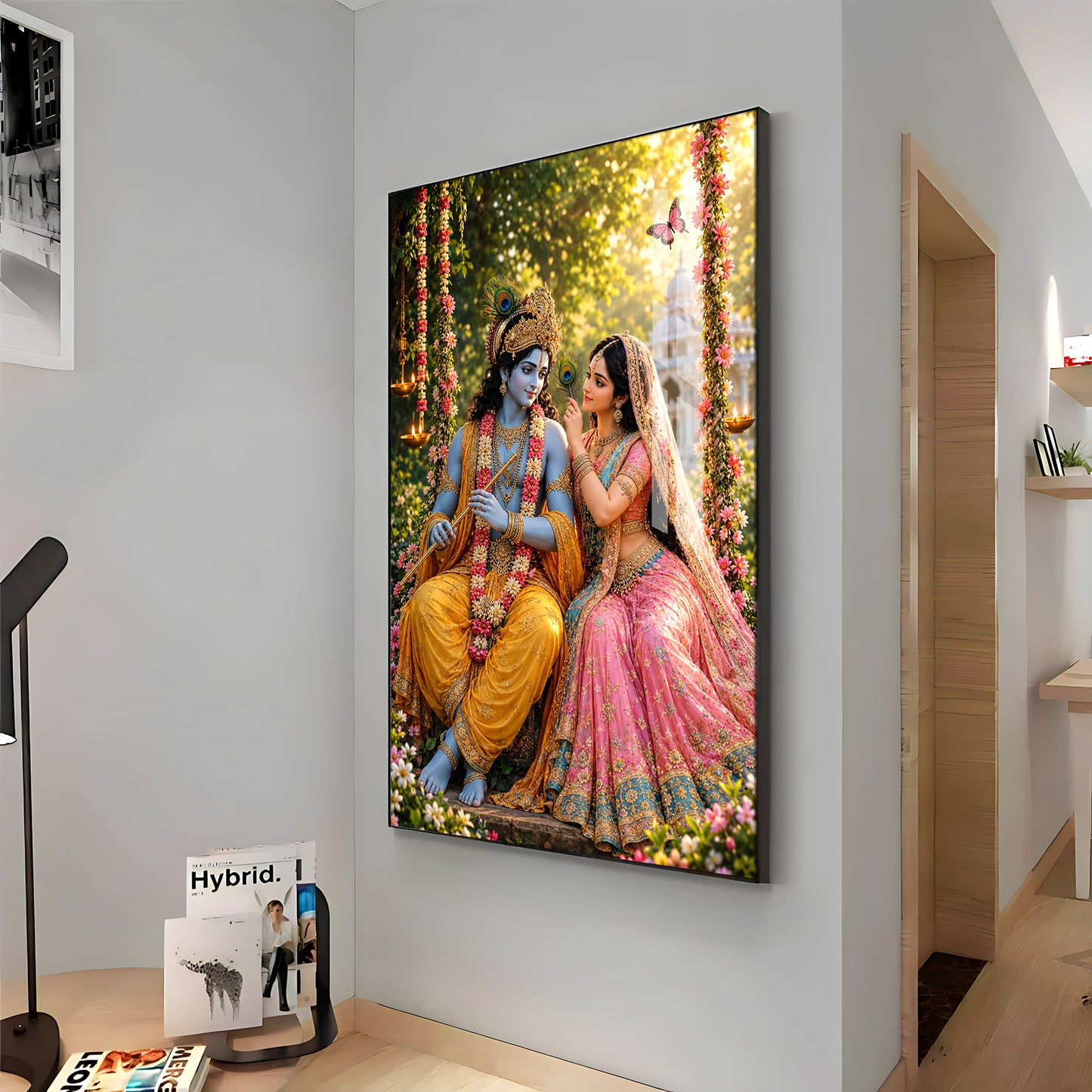 Lord Krishna Holding A Flute With Radha Premium Acrylic Vertical Wall Art
