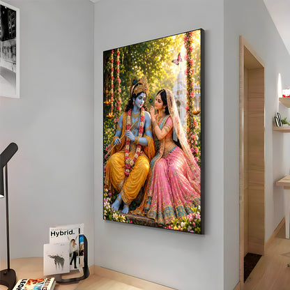 Lord Krishna Holding A Flute With Radha Premium Acrylic Vertical Wall Art
