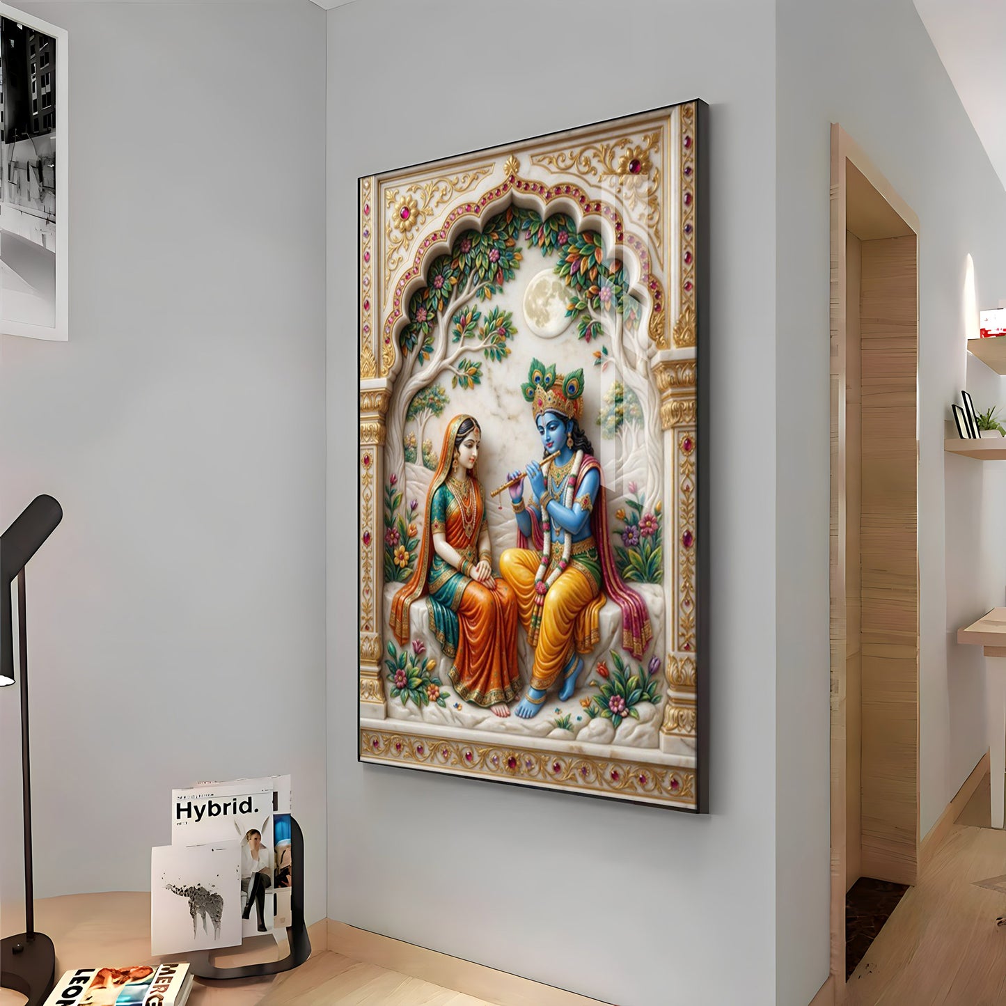Depiction Of Krishna With Radha Premium Acrylic Vertical Wall Art