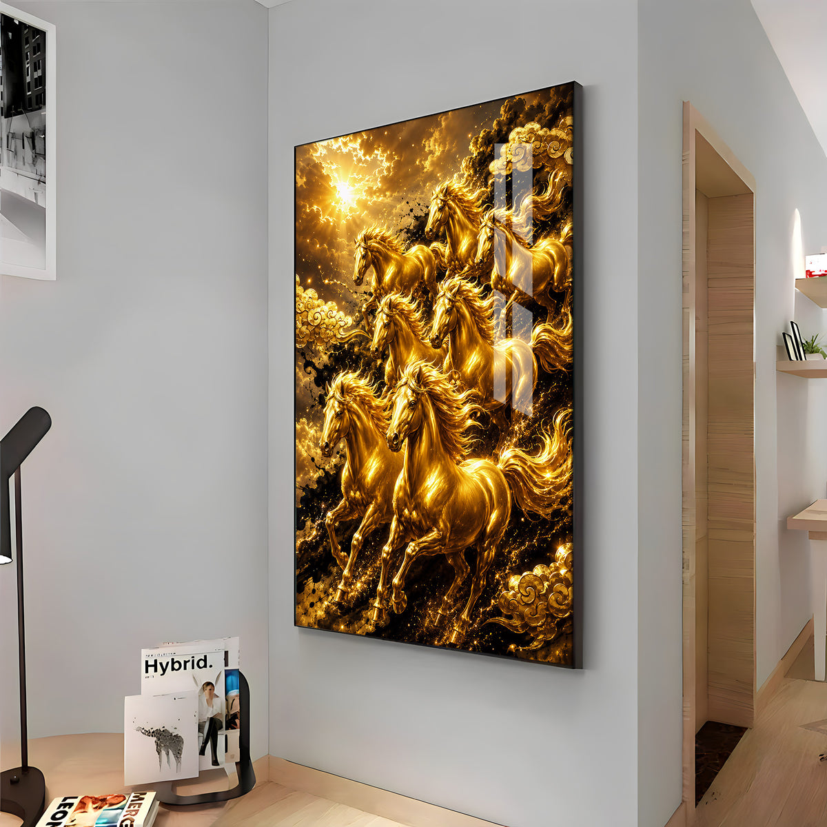 Golden Seven Horses Premium Acrylic Vertical Wall Art