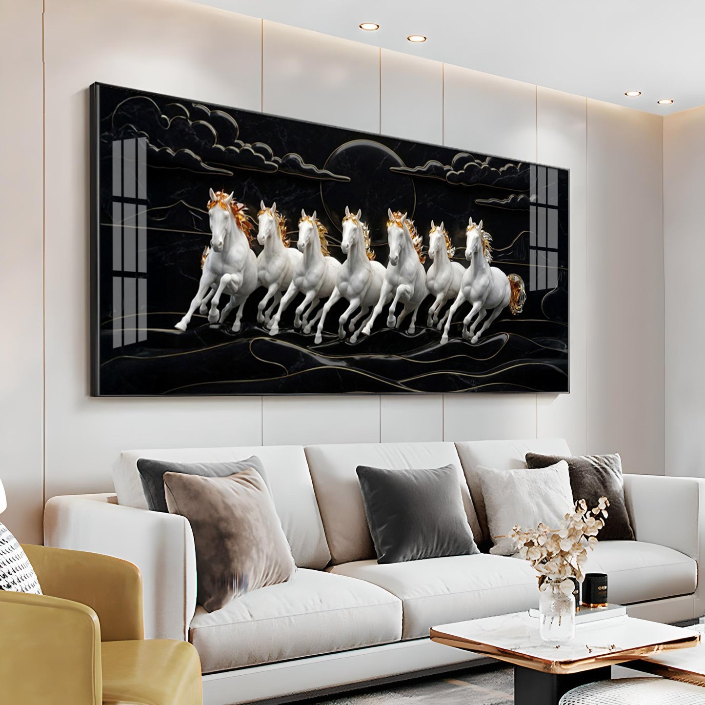 White Seven Horses in the Dark Premium Acrylic Horizontal Wall Art