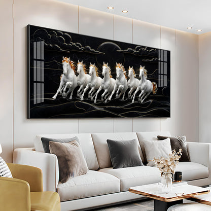 White Seven Horses in the Dark Premium Acrylic Horizontal Wall Art