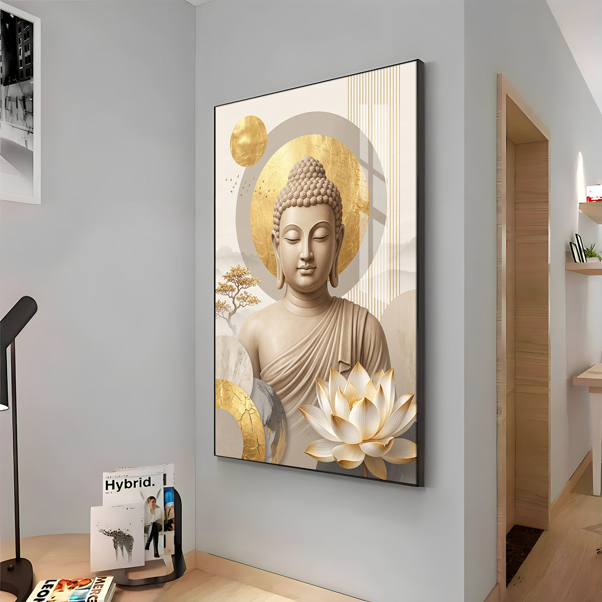 Tranquil Lord Buddha With Golden Halo & Lotus Abstract Premium Acrylic Wall art