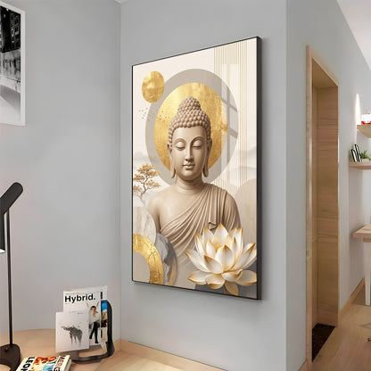 Tranquil Lord Buddha With Golden Halo & Lotus Abstract Premium Acrylic Wall art