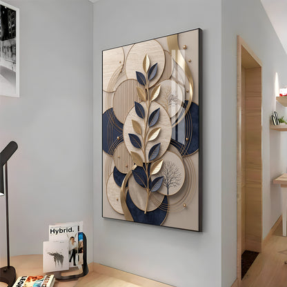 Luxury Navy Blue & Gold Leaves Premium Acrylic Vertical Wall Art