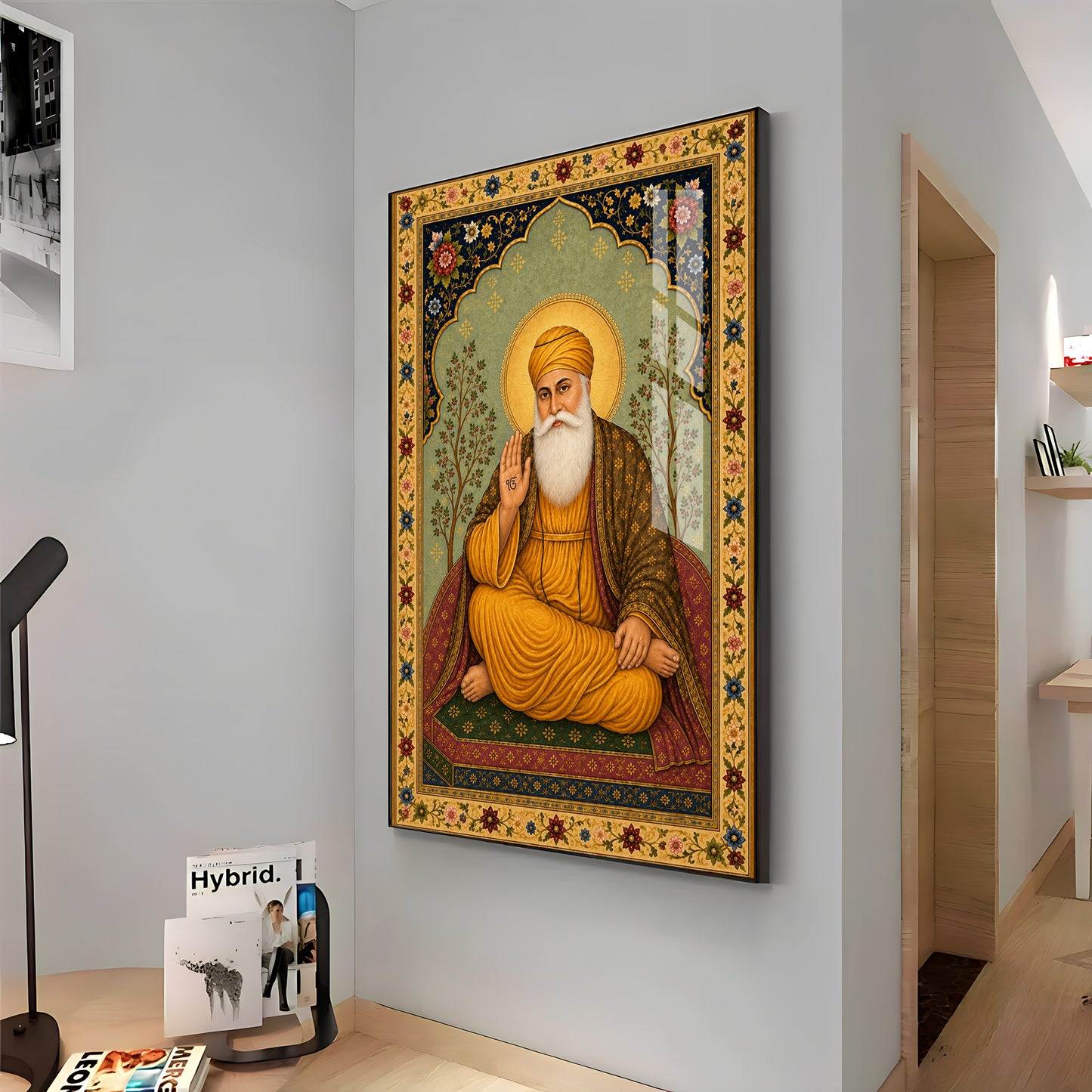 Guru Nanak Dev Ji Floral Border Premium Acrylic Vertical Wall Art
