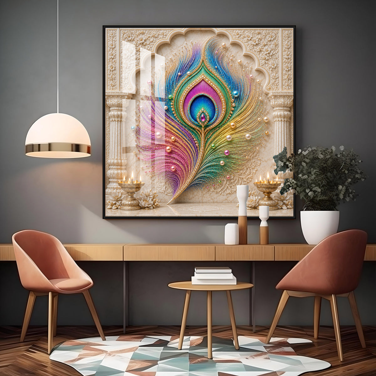 Colorful Peacock Feather Premium Acrylic Square Wall Art