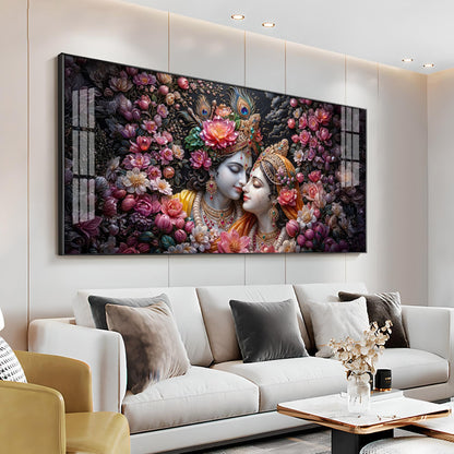 Floral Radha Krishna With Beautiful Background Premium Acrylic Horizontal Wall Art
