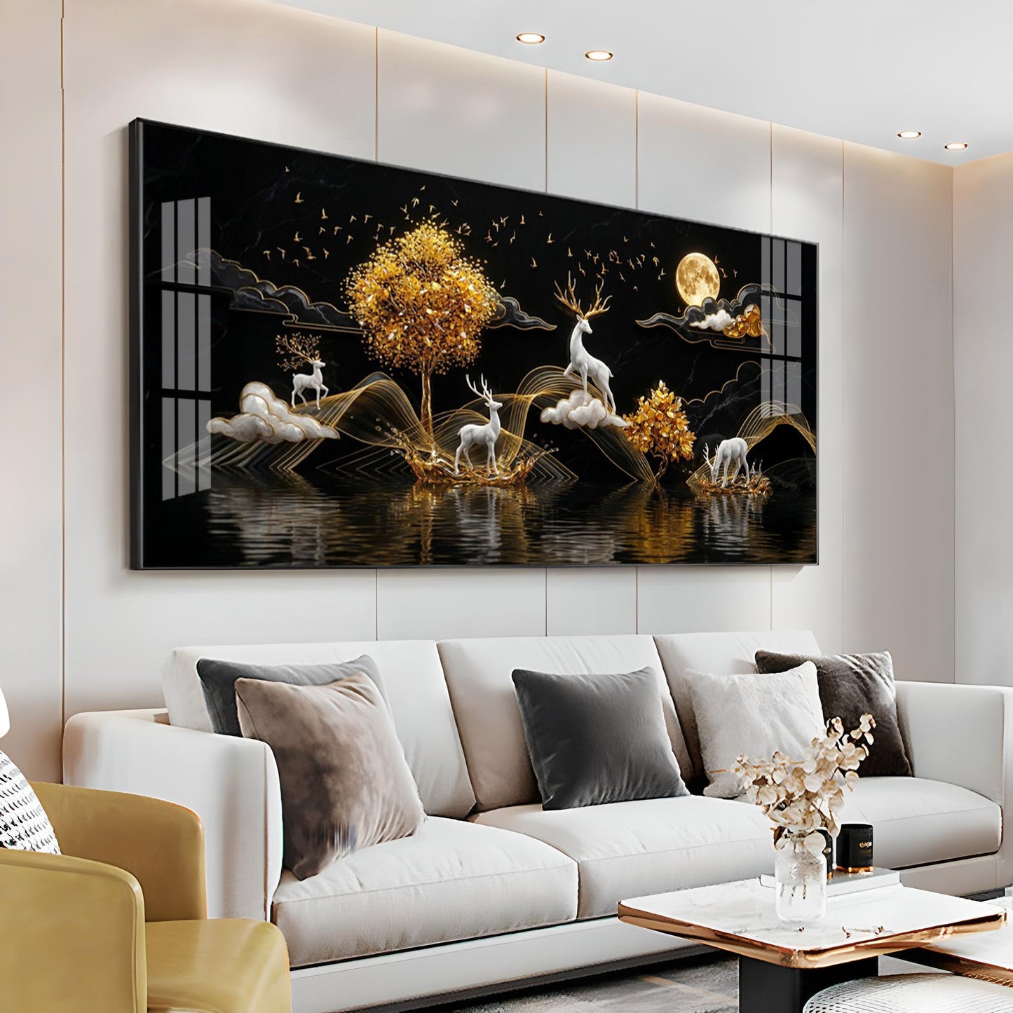Moonlit Golden Deer Night Theam Premium Acrylic Horizontal Wall Art
