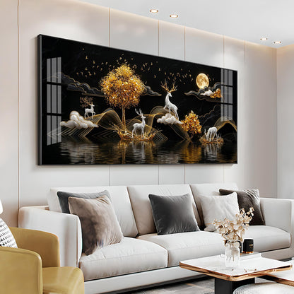 Moonlit Golden Deer Night Theam Premium Acrylic Horizontal Wall Art