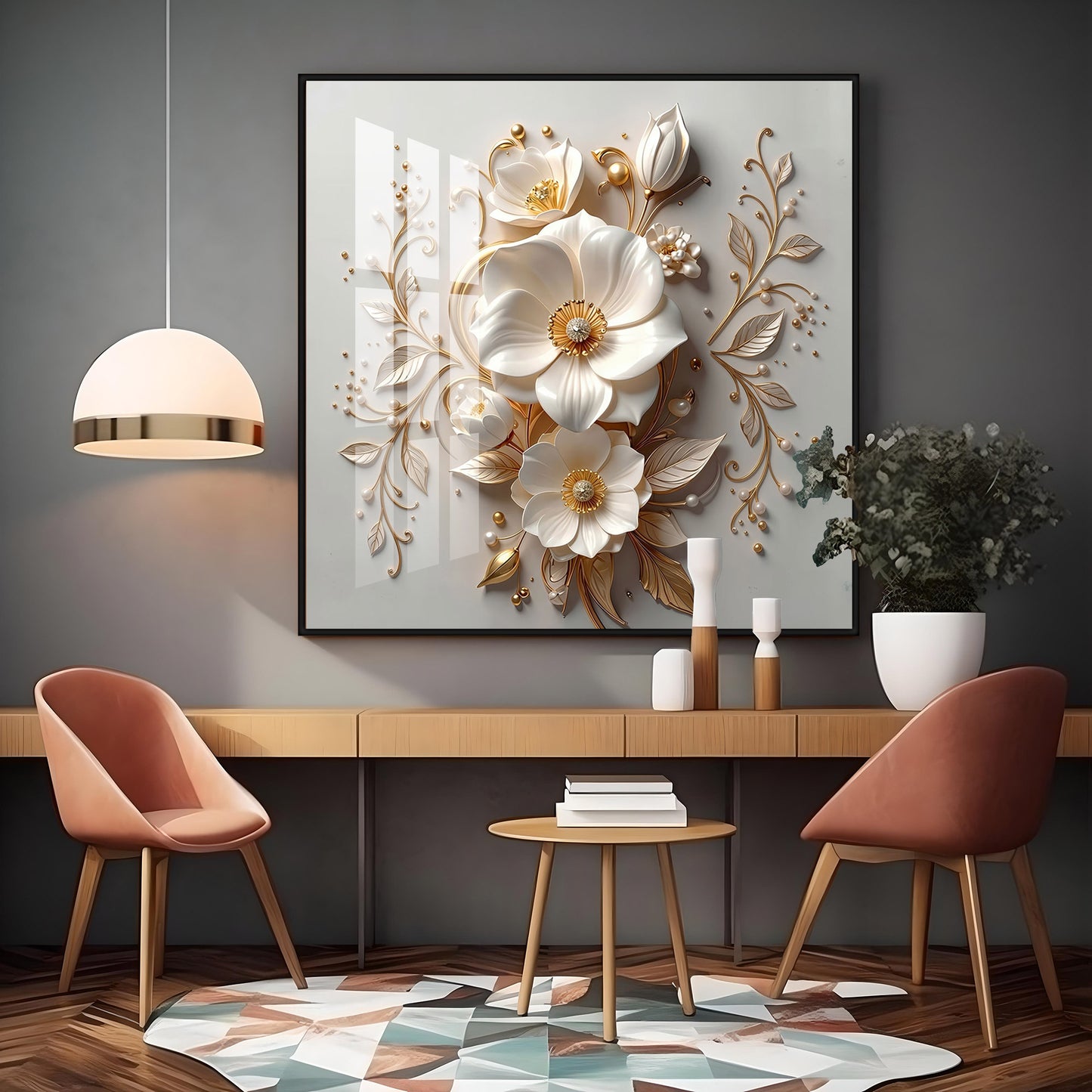 Elegant White Flowers With Gold Leaves Premium Acrylic Square Wall Art