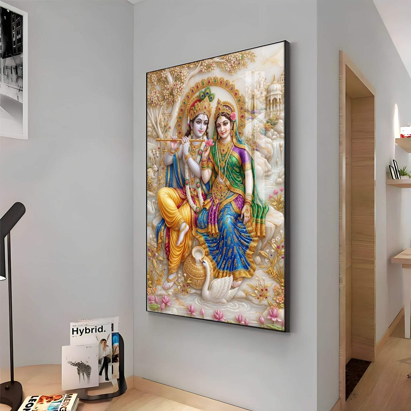 Radha Krishna With Swan Premium Acrylic Vertical Wall Art