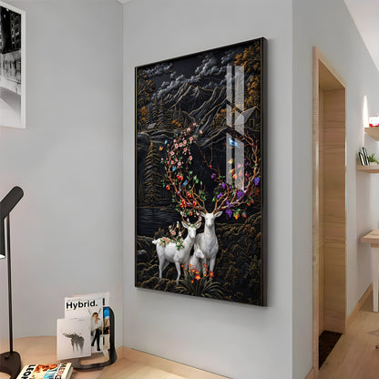 White Deer With Colorful Floral Premium Acrylic Vertical Wall Art