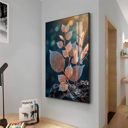 Glowing Vein Leaf & Wheat Premium Acrylic Vertical Wall Art