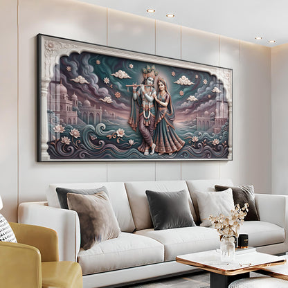 Radha Krishna In Lotus Filled Premium Acrylic Horizontal Wall Art