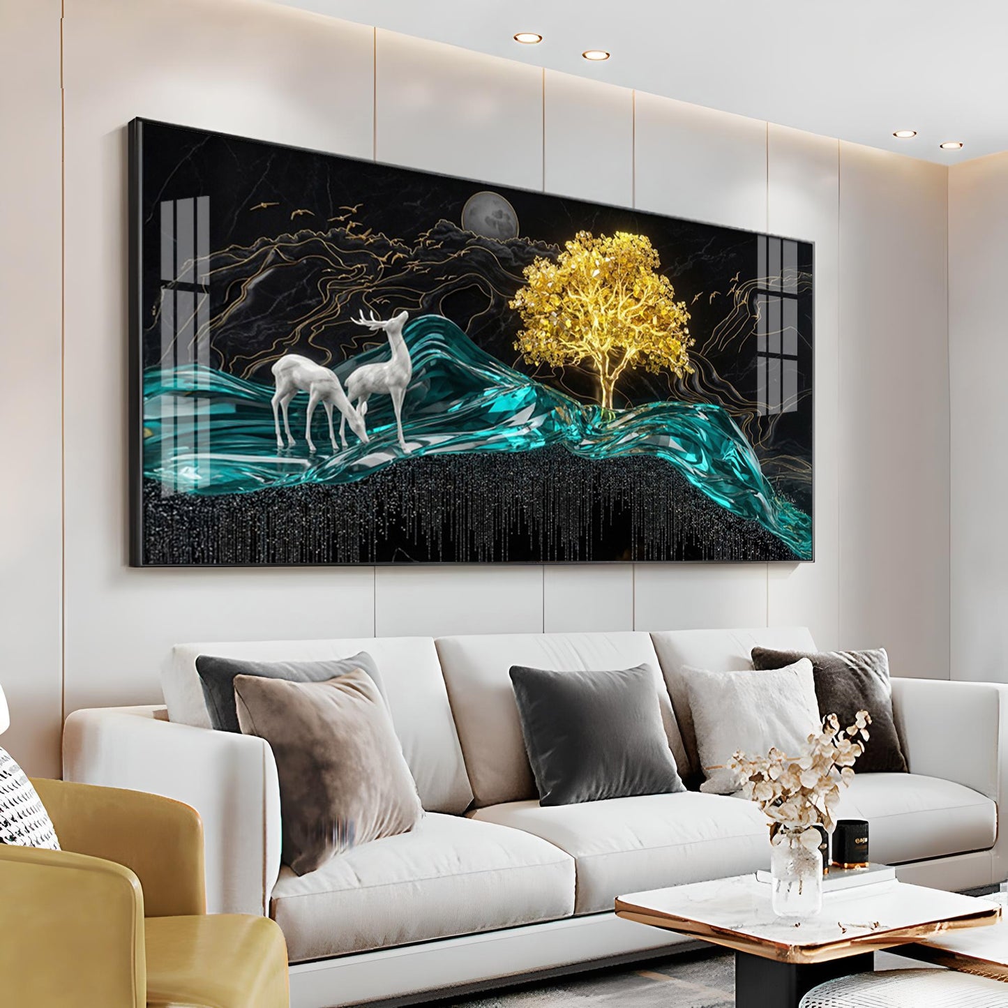 Deer With Golden Tree Harmony Premium Acrylic Horizontal Wall Art