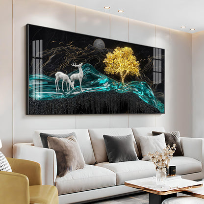 Deer With Golden Tree Harmony Premium Acrylic Horizontal Wall Art