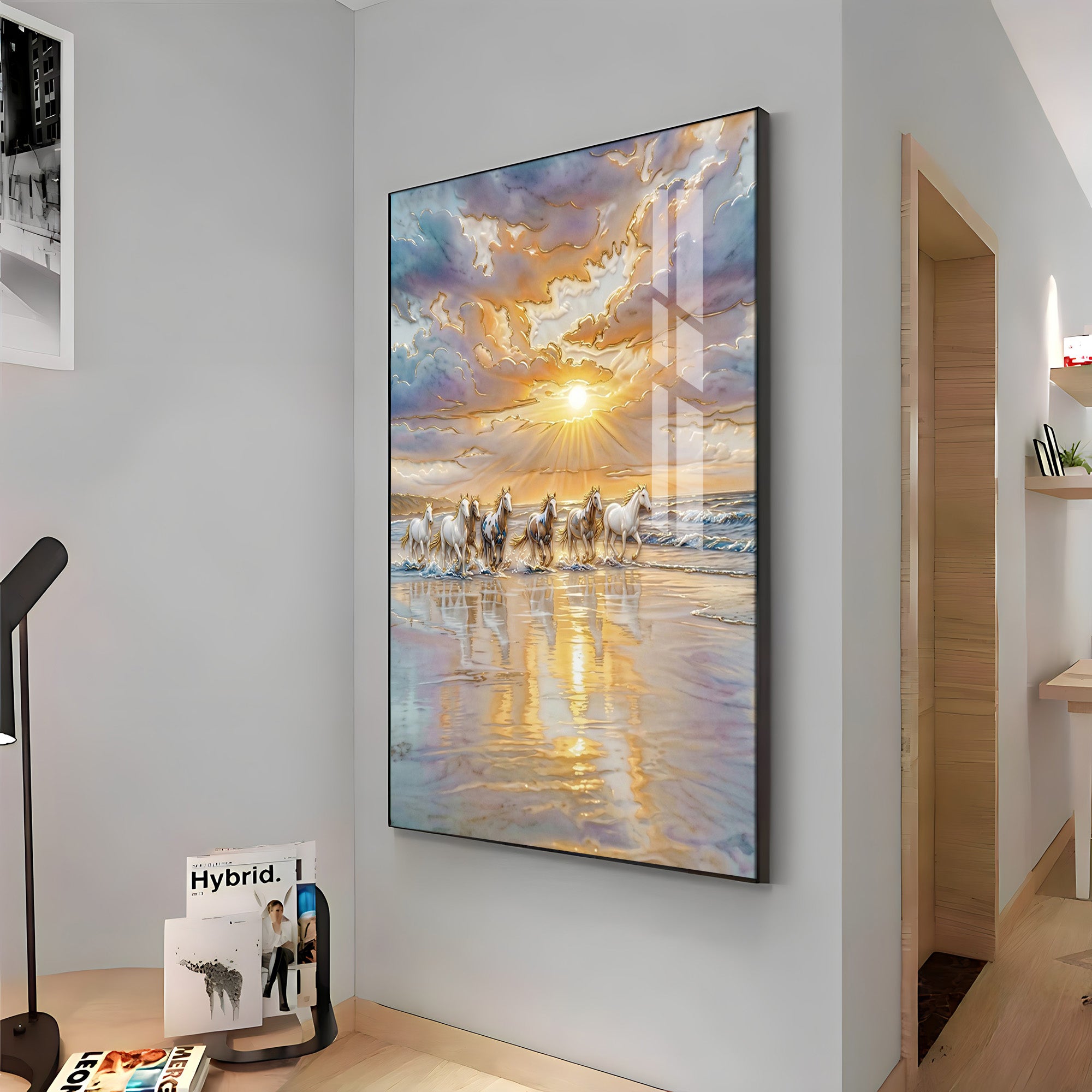 Depicting Seven White Horses Running Premium Acrylic Vertical Wall Art