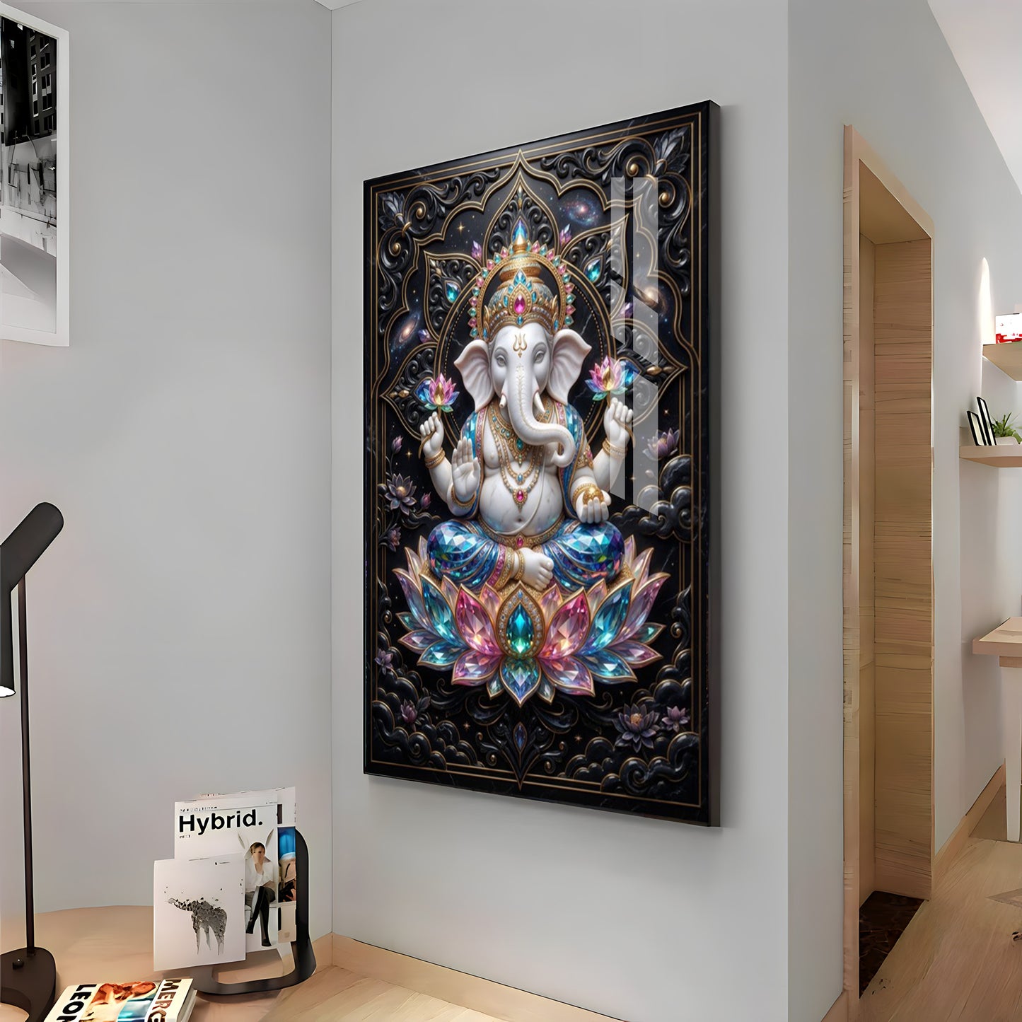 Lord Ganesha Seated On A Lotus Throne Premium Acrylic Vertical Wall Art