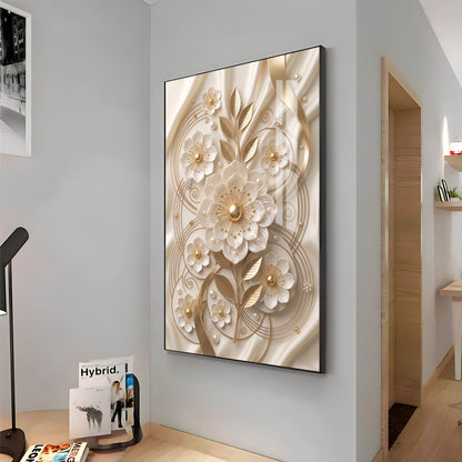 White & Gold Floral Carving Premium Acrylic Vertical Wall Art