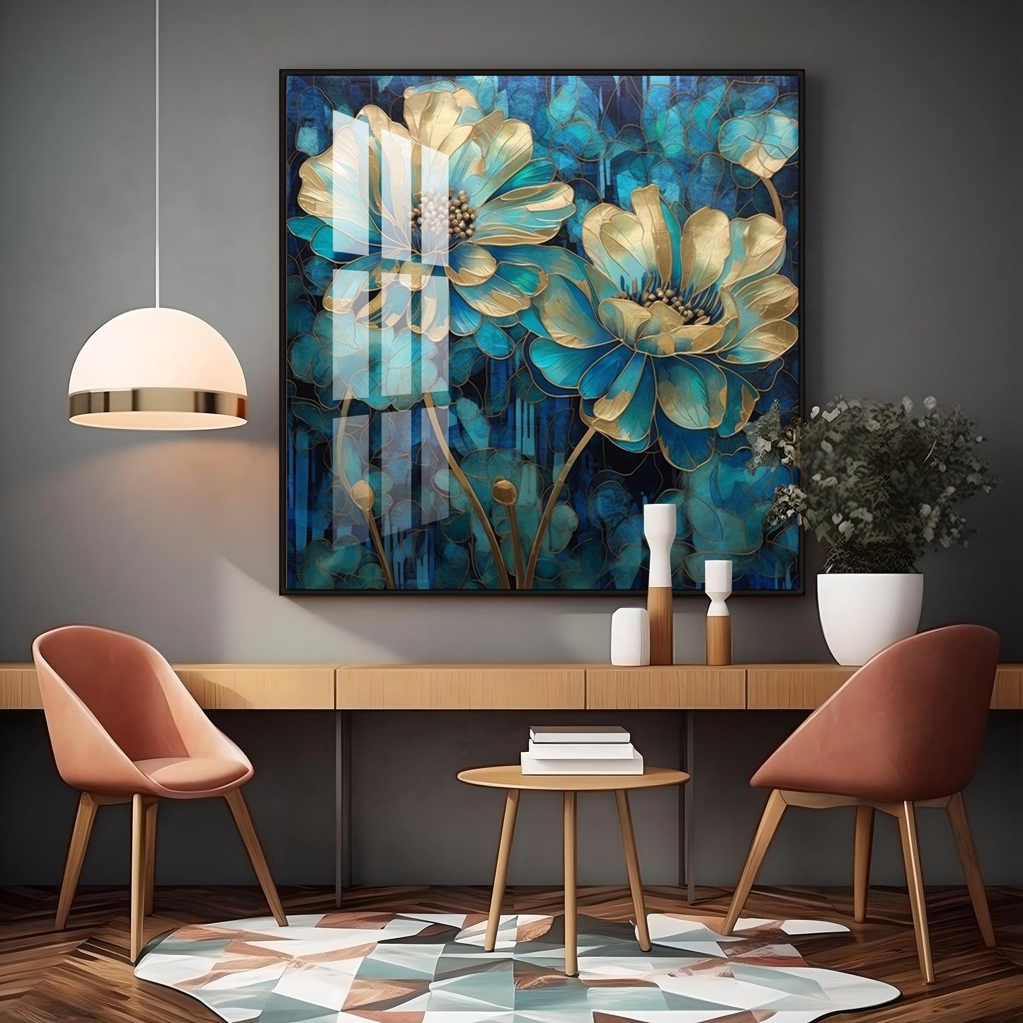 Flowers With Gold & Blue Leaves Premium Acrylic Square Wall Art