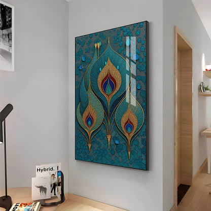 Three Ornate Peacock Feather Premium Acrylic Vertical Wall Art