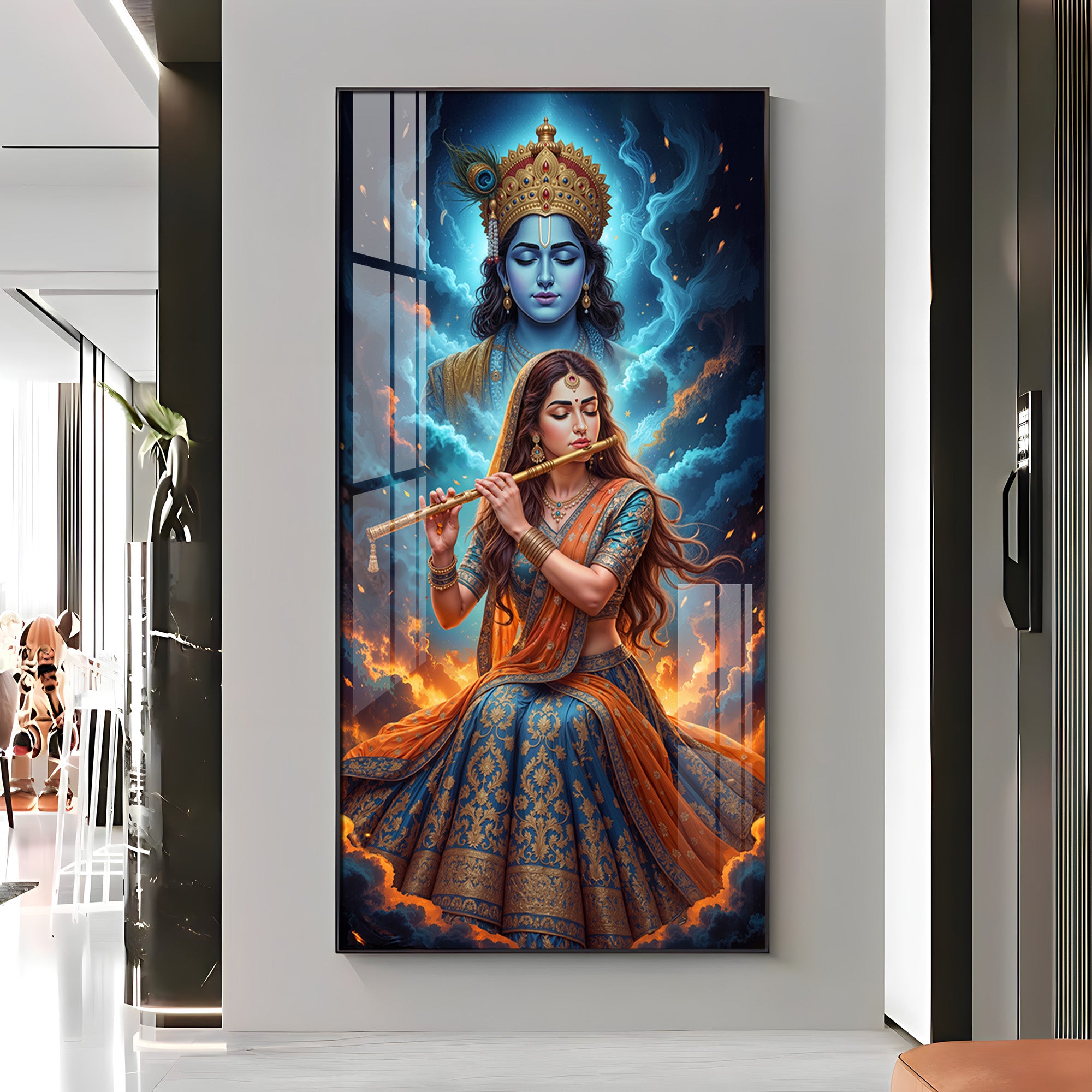 Radhe Krishna Colorful Modern Luxury Backlight Vertical Wall Art