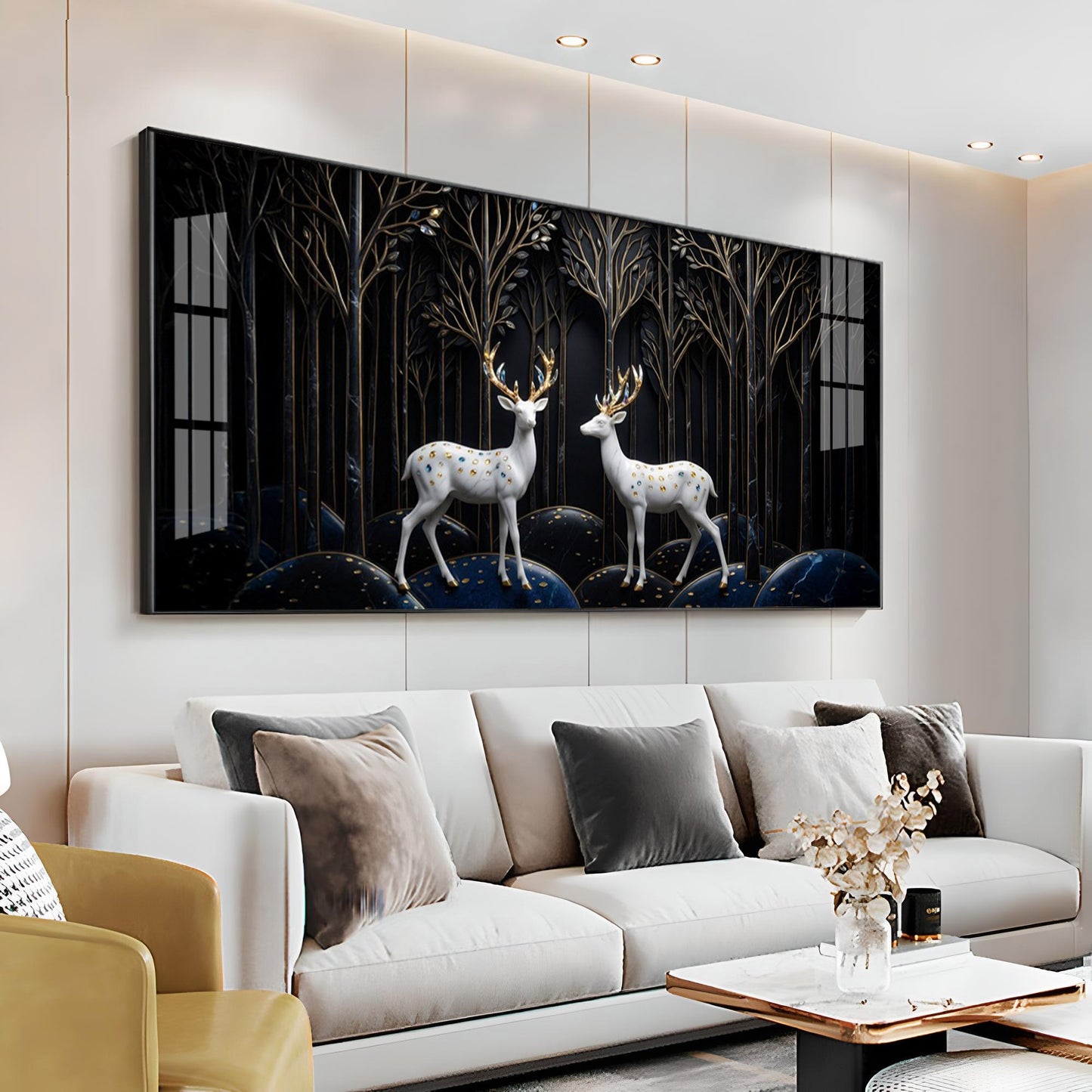 Two White Deer With Golden Antlers Premium Acrylic Horizontal Wall Art