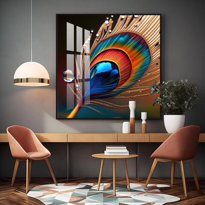 Vibrant Color Peacock Feather Premium Square Vertical Wall Art