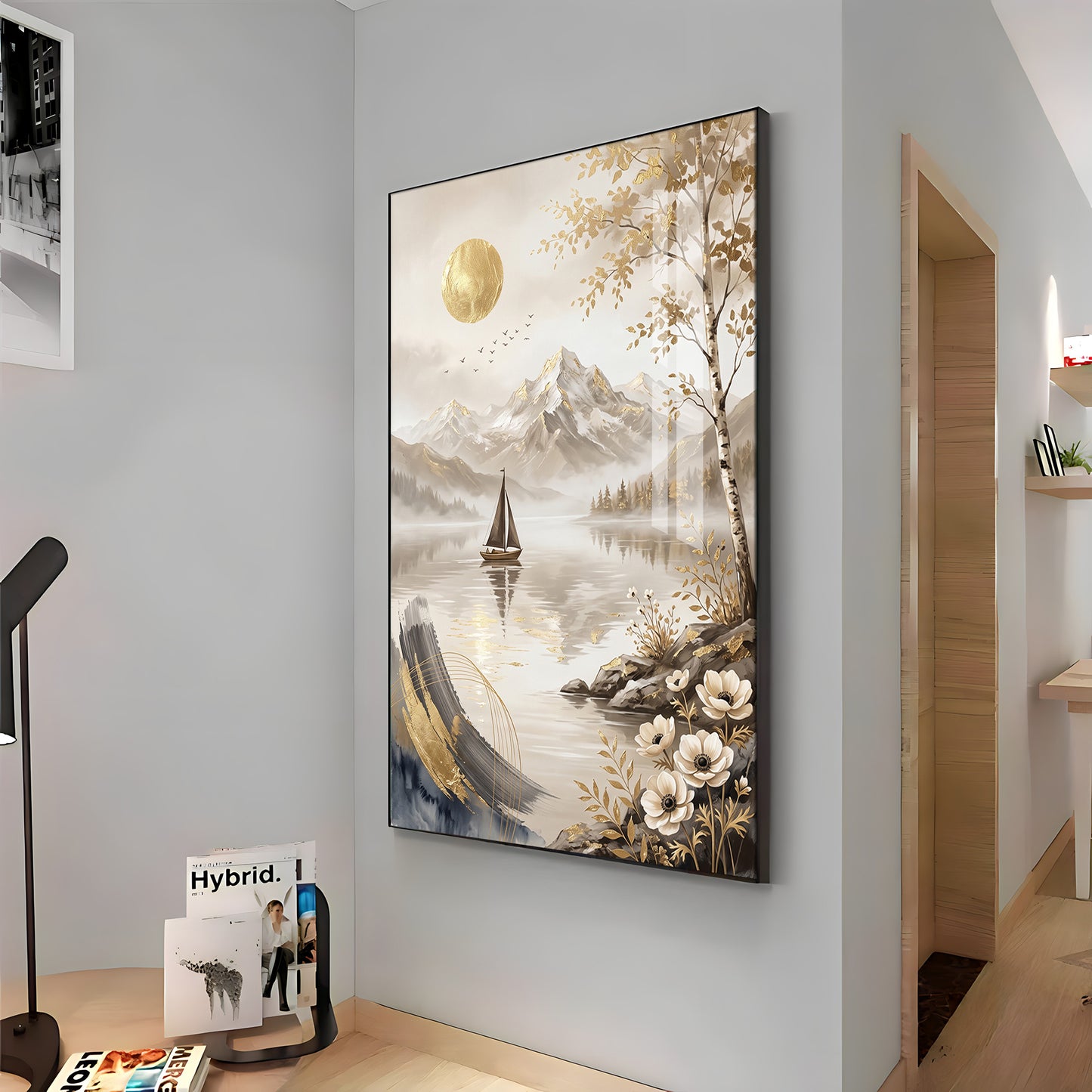 Abstract Lake Sailboat & Mountain Landscape Premium Acrylic Vertical Wall Art