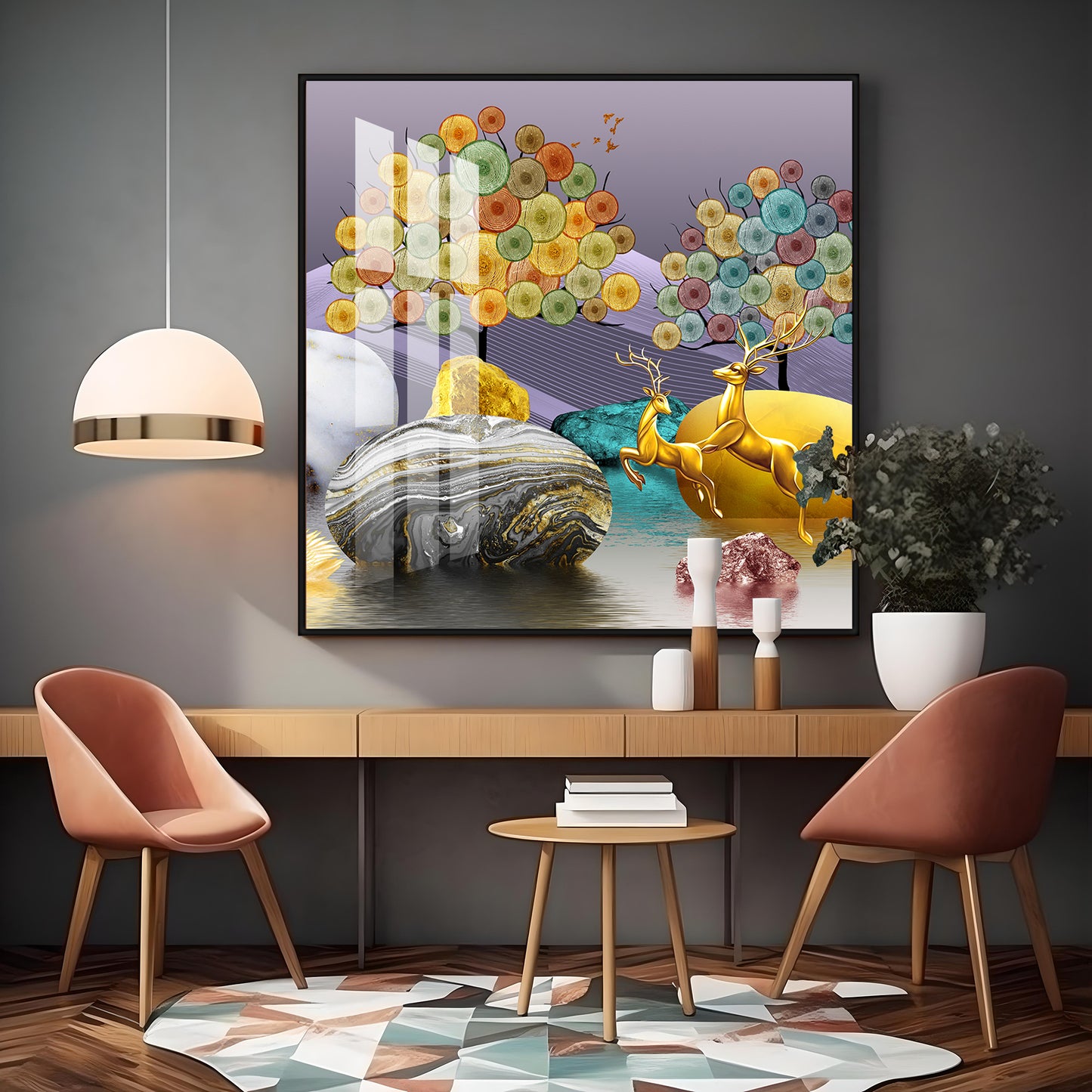 Modern Colorful Background With Golden Deer Premium Acrylic Square Wall Art