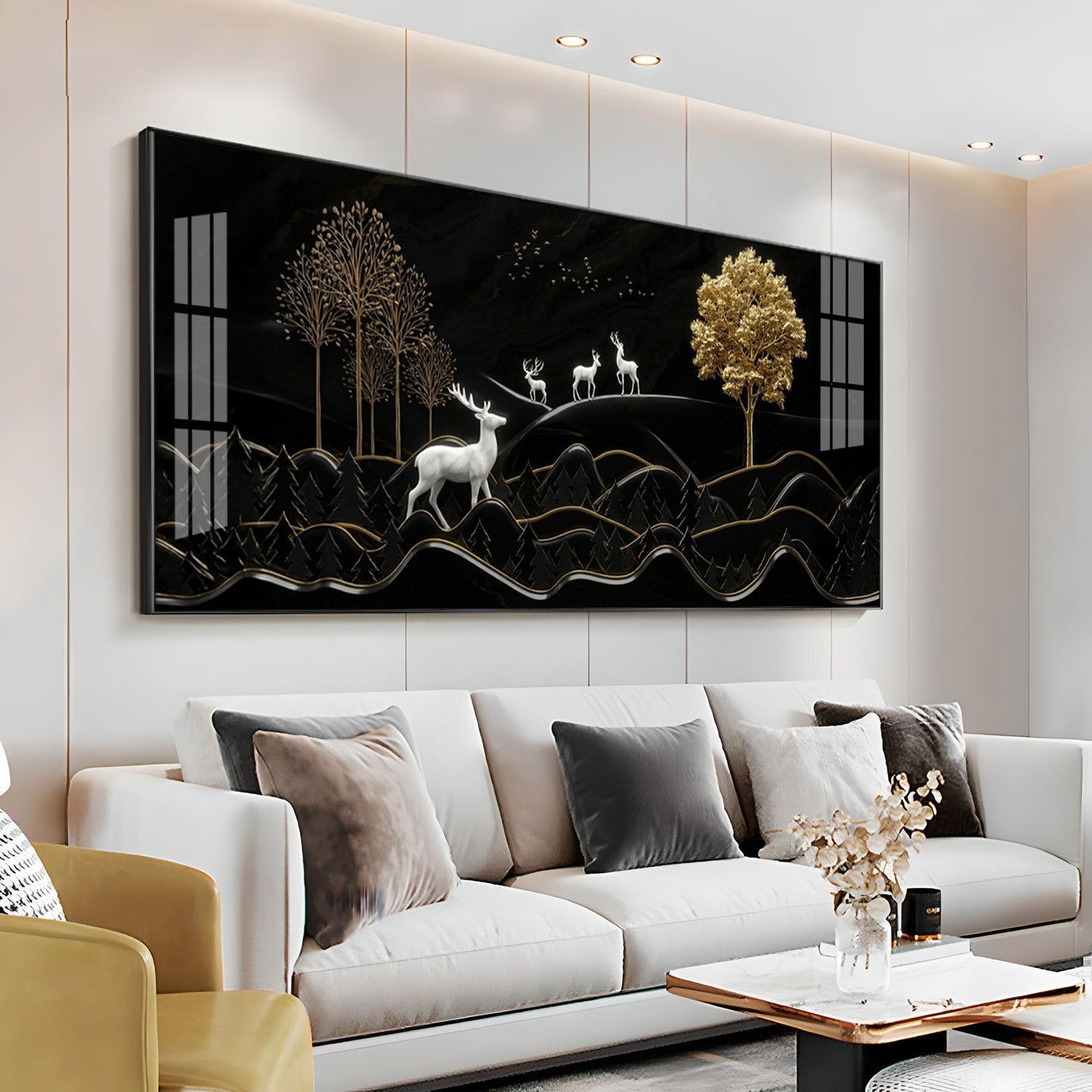 Deer Mountain With Golden Tree Premium Acrylic Horizontal Wall Art