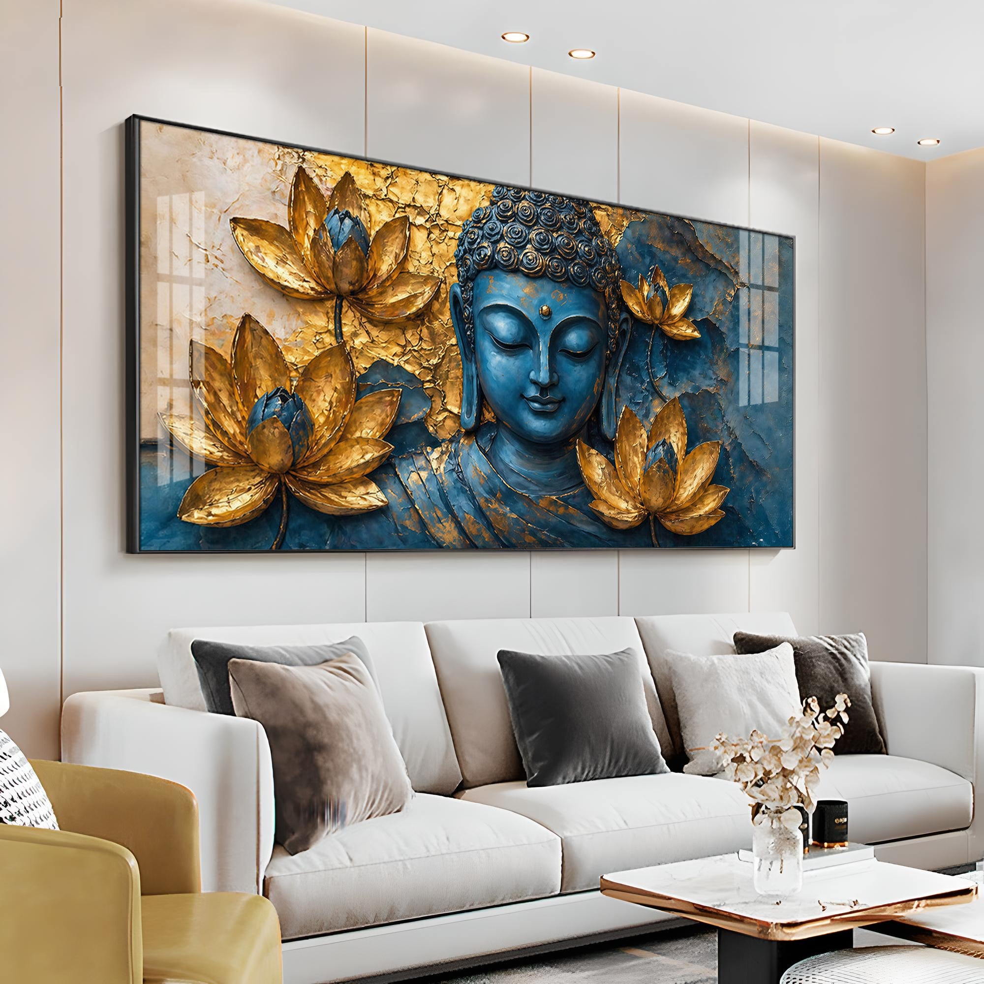 Lord Buddha Surrounded With Lotus Flowers Premium Acrylic Horizontal Wall Art
