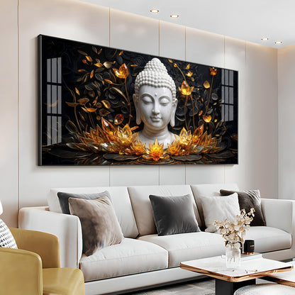 Gold Flower Meditating Buddha Premium Acrylic Horizontal Wall Art