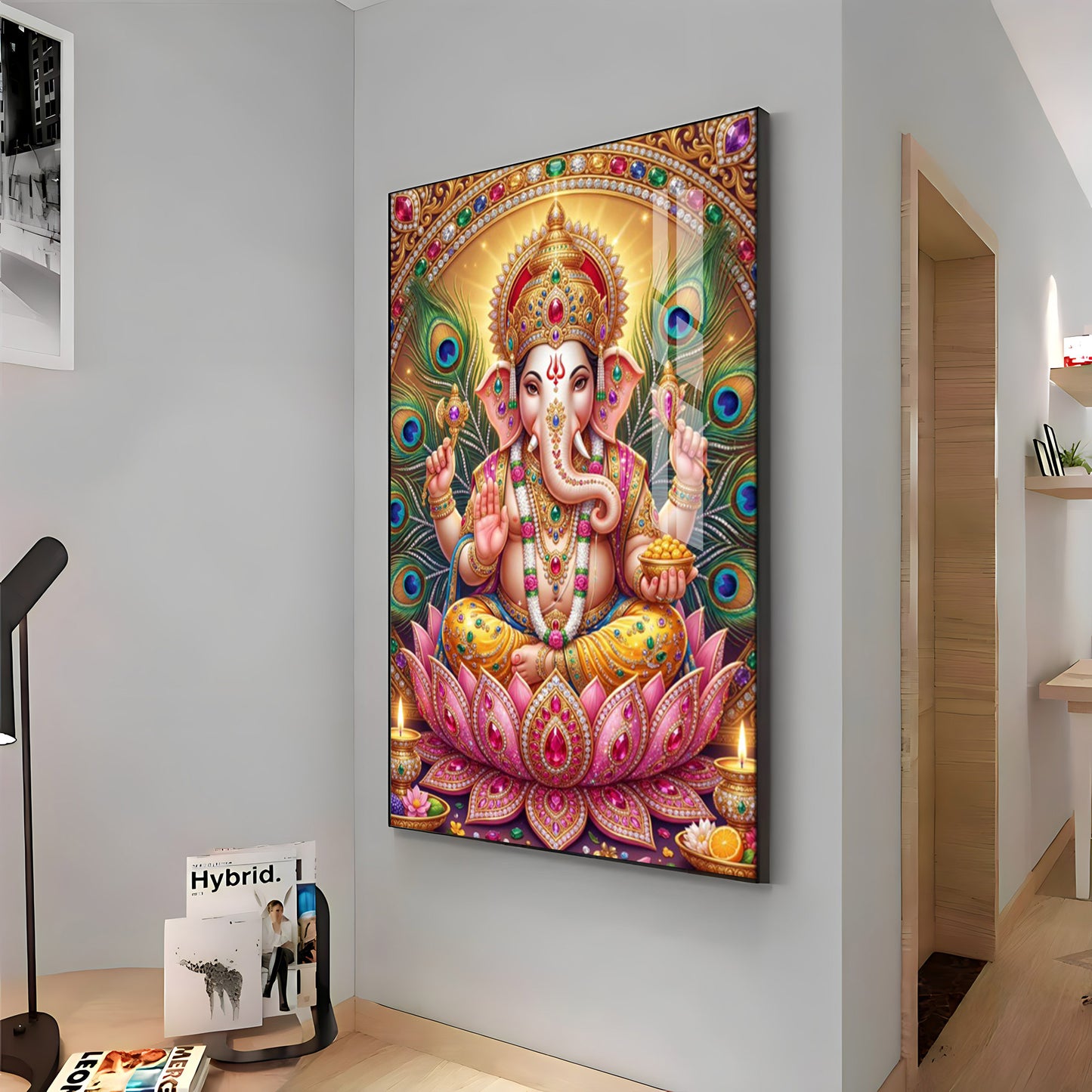 Lord Ganesha With Pink Lotus Premium Acrylic Vertical Wall Art