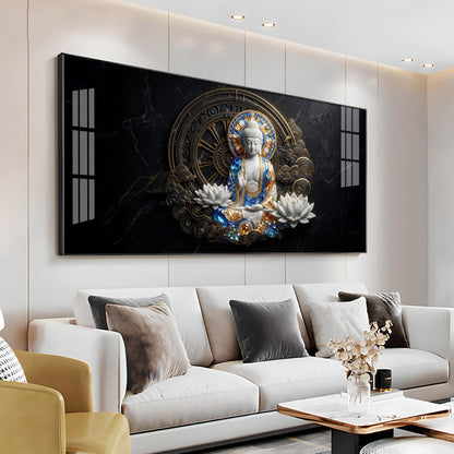 White & Gold Buddha With Flowers Premium Acrylic Horizontal Wall Art