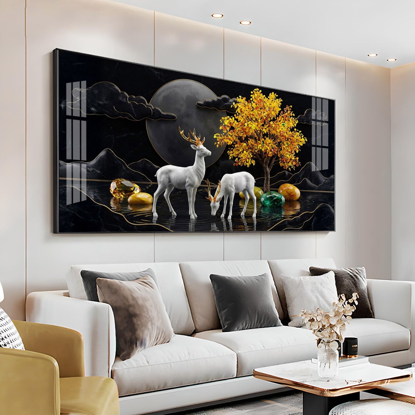 White Deer With Golden Horns Premium Acrylic Horizontal Wall Art