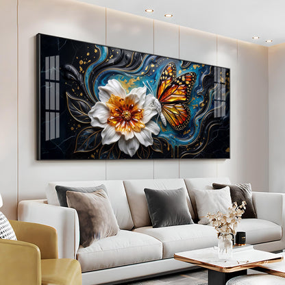 Butterfly Blossom With White Flower Premium Acrylic Horizontal Wall Art