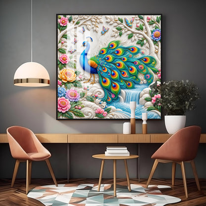 Peacock With Nature Premium Acrylic Square Wall Art