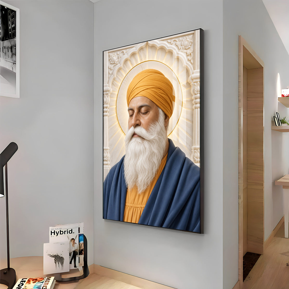 Guru Nanak Devji in Yellow Turban Premium Acrylic Vertical Wall Art