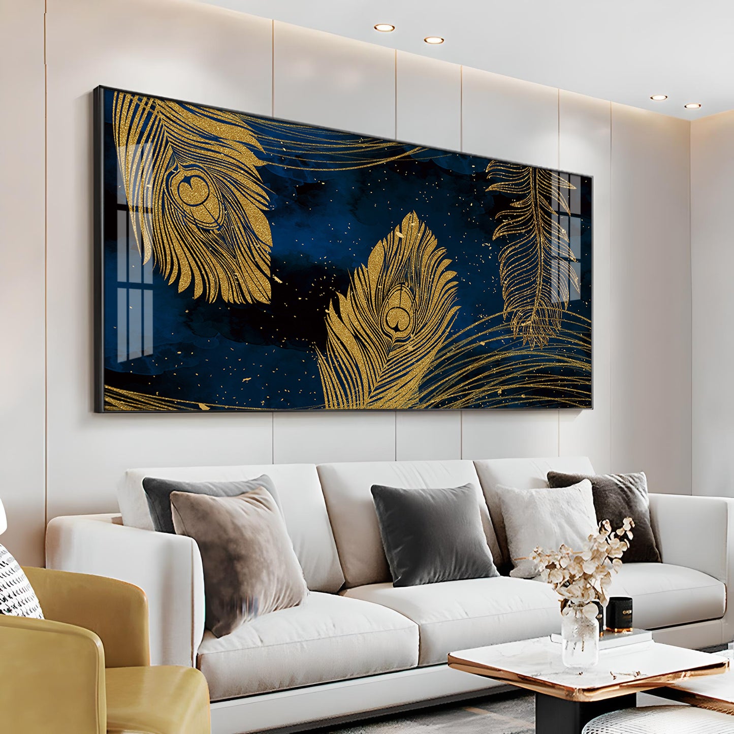 Gold Metallic Peacock Feathers Premium Acrylic Horizontal Wall Art