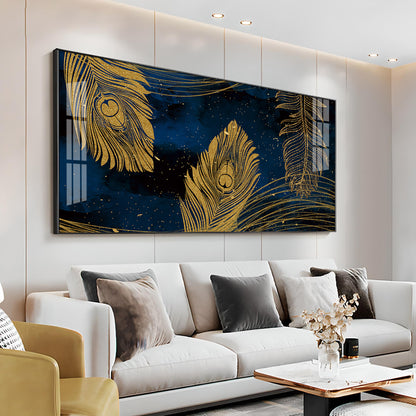 Gold Metallic Peacock Feathers Premium Acrylic Horizontal Wall Art