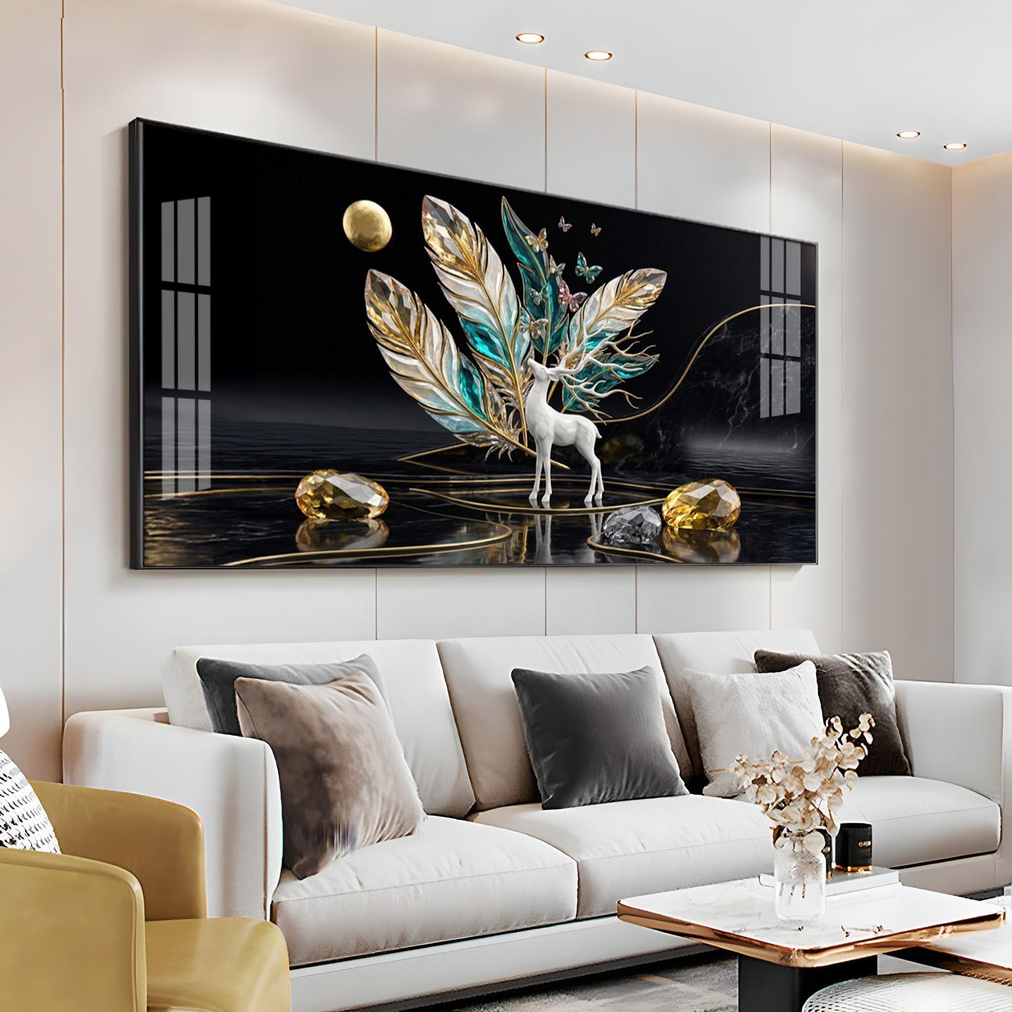 White Deer With Feathers Premium Acrylic Horizontal Wall Art