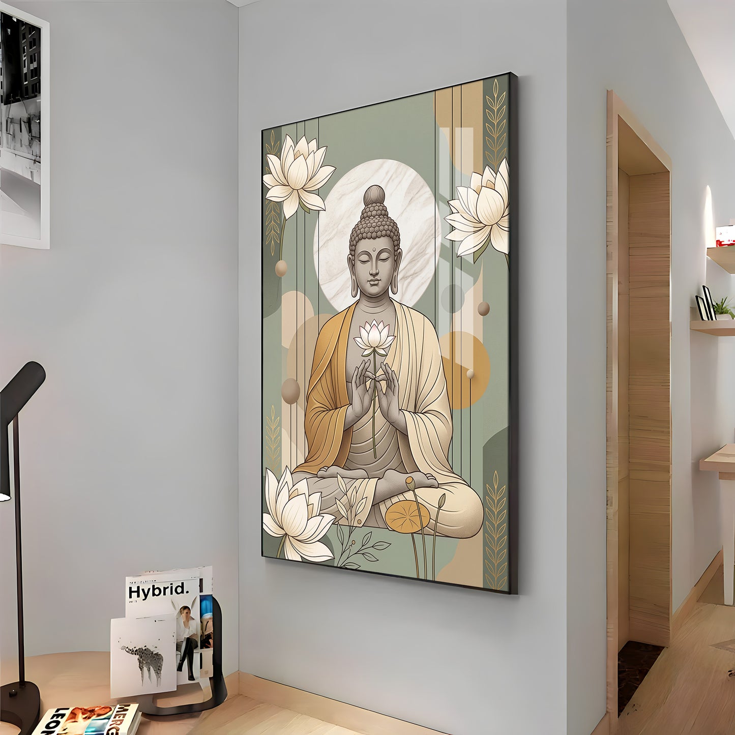 Meditating Buddha & White Lotus Premium Acrylic Vertical Wall Art