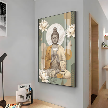 Meditating Buddha & White Lotus Premium Acrylic Vertical Wall Art