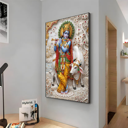 Shri Krishna With Cow Premium Acrylic Vertical Wall Art