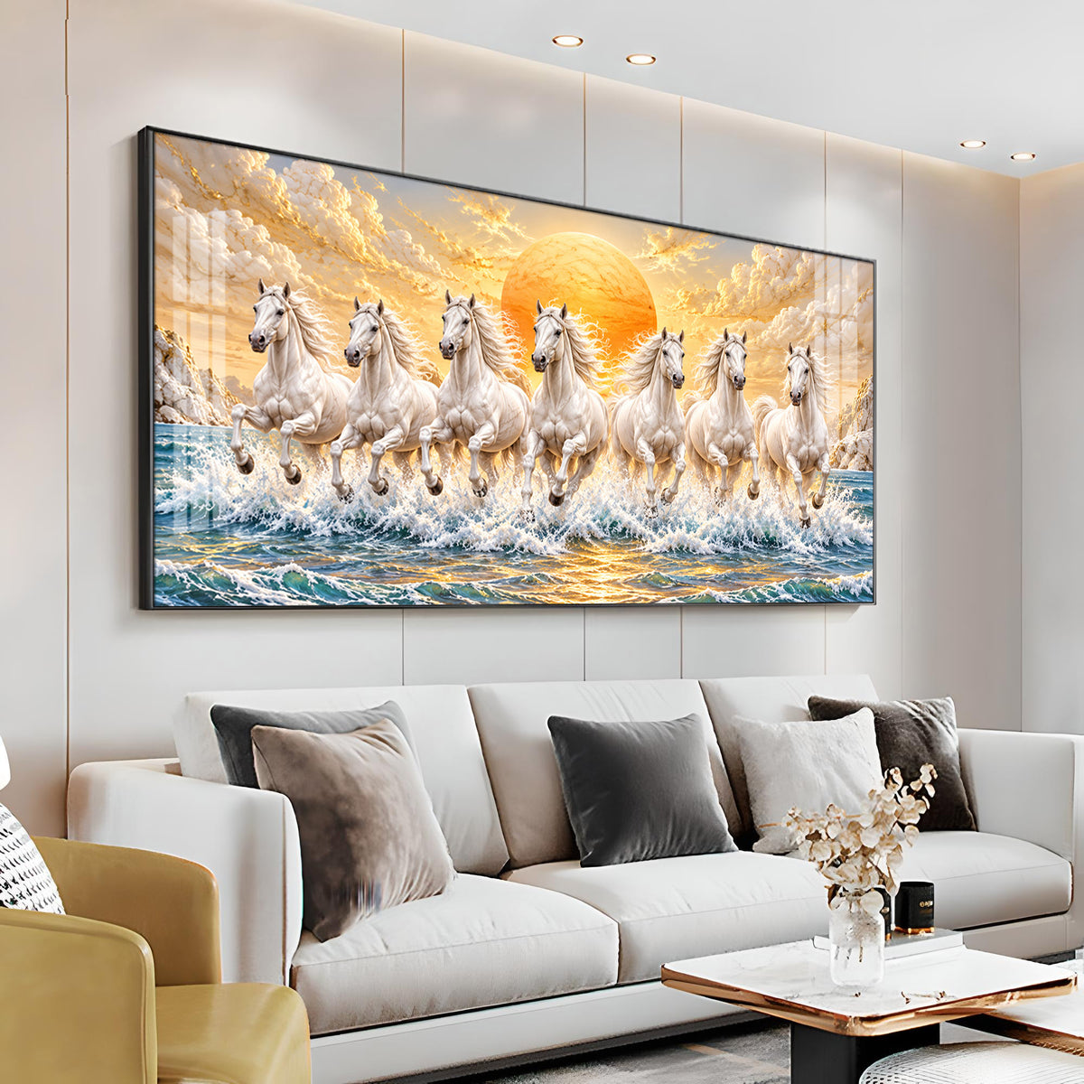 Majestic White Seven Running Horses In sun Rise Premium Acrylic Horizontal Wall Art